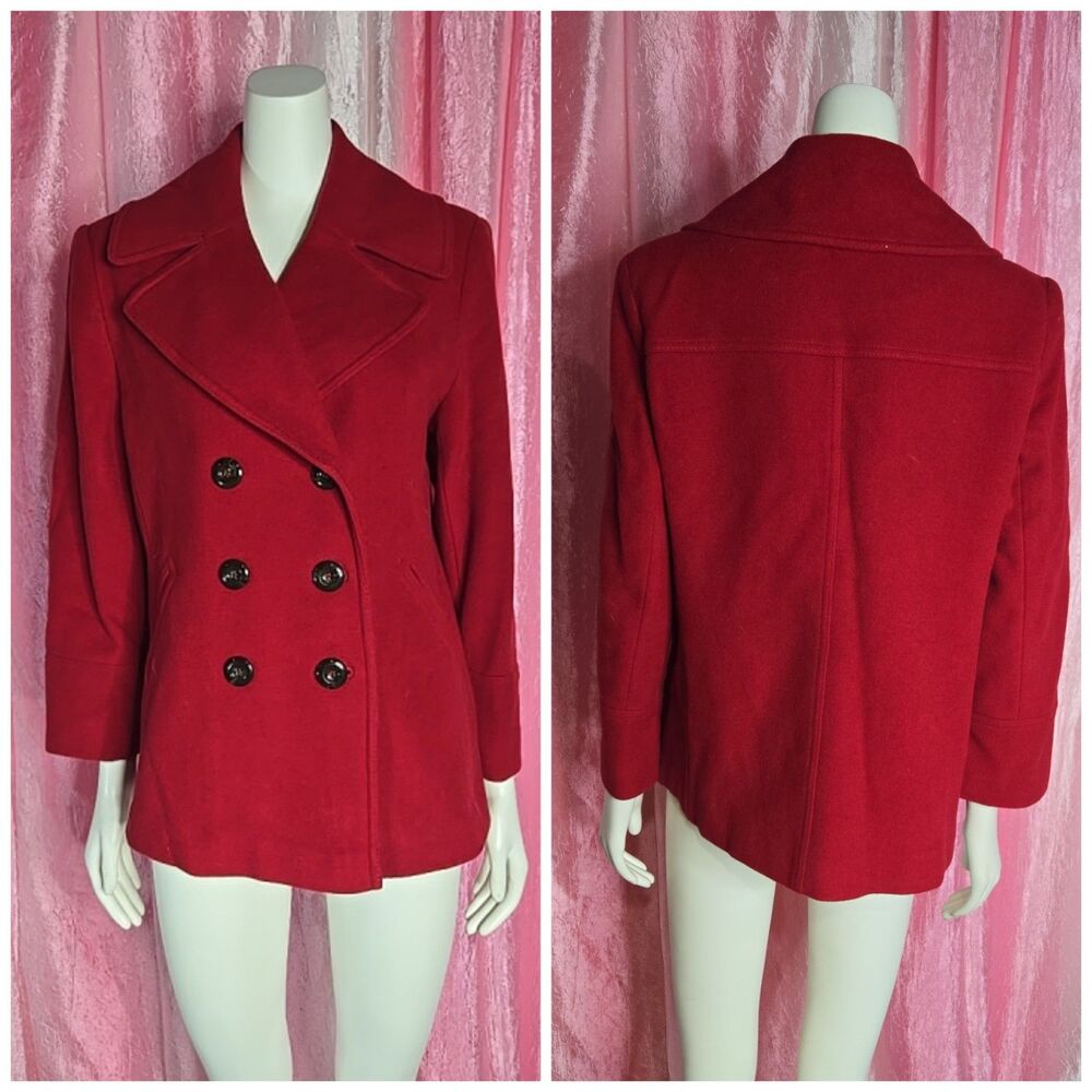 Preston & York Cardinal Red Double Breasted Wool Pea Coat Size 8 Petite